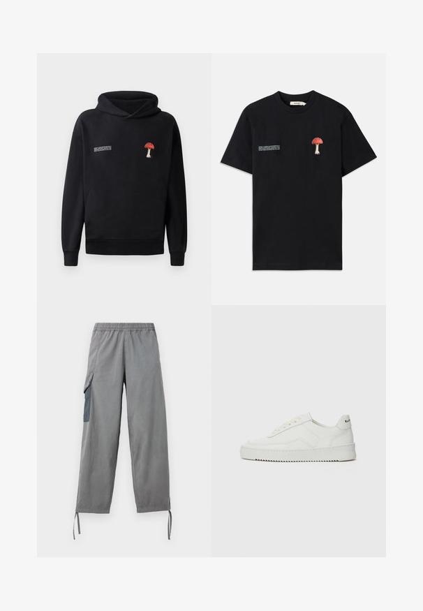 Czarna bluza z kapturem z przednią kieszenią kangurką, z haftem czerwono-białego grzyba na klatce piersiowej i białym napisem z boku.; Czarna bawełniana koszulka z teksturowanym haftem czerwonego grzyba na lewej piersi oraz białymi grafikami tekstowymi po przeciwnej stronie.; Szare lekkie spodnie cargo z elastycznym pasem, boczną kieszenią, regulowanymi mankietami i gładką fakturą.; Białe skórzane sneakersy o gładkim wykończeniu, okrągłym nosku, płaskich sznurówkach i teksturowanej podeszwie. Charakteryzują się delikatnym logo na pięcie.