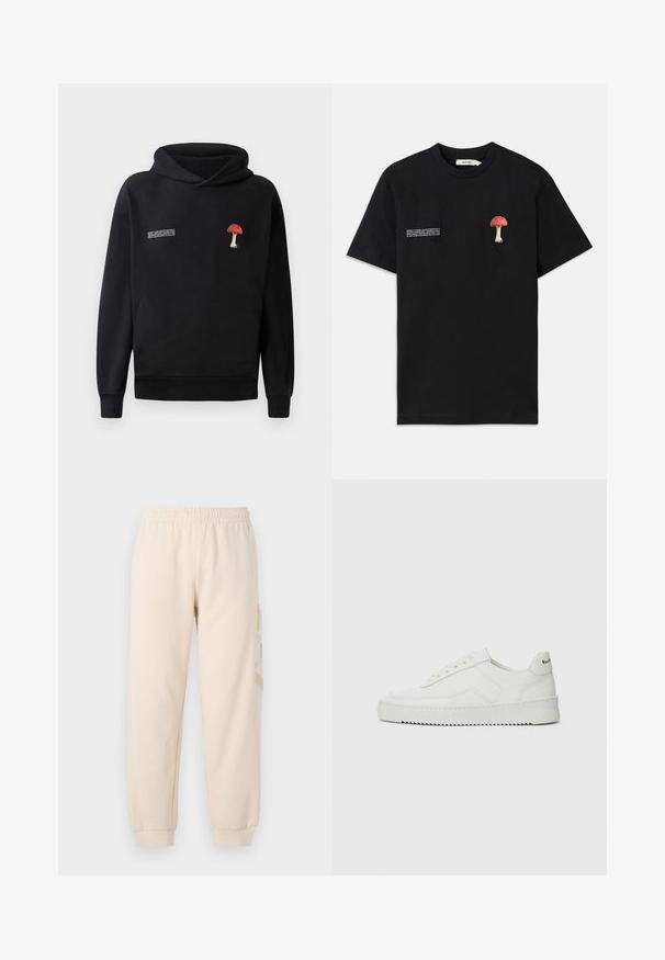 Juodas džemperis su priekiu kangaroo kišene, su raudonu ir baltu grybo išsiuvinėjimu ant krūtinės ir baltu tekstu šone.; Juodas medvilninis marškinėlis su tekstūruotu raudonu grybu siuvinėjimu kairėje krūtinės pusėje ir baltais tekstiniais grafikais priešingoje pusėje.; Bežiniai sportiniai kelnės, pagamintos iš minkštos medžiagos, su elastinga juosta ir aptrauktomis kulkšnimis. Šone yra subtilus reljefinis logotipas.; Balti odiniai sportiniai bateliai su lygia apdaila, apvaliu pirštu, plokščiais raišteliais ir tekstūruotu padu. Pasižymi subtiliu logotipu ant kulno.