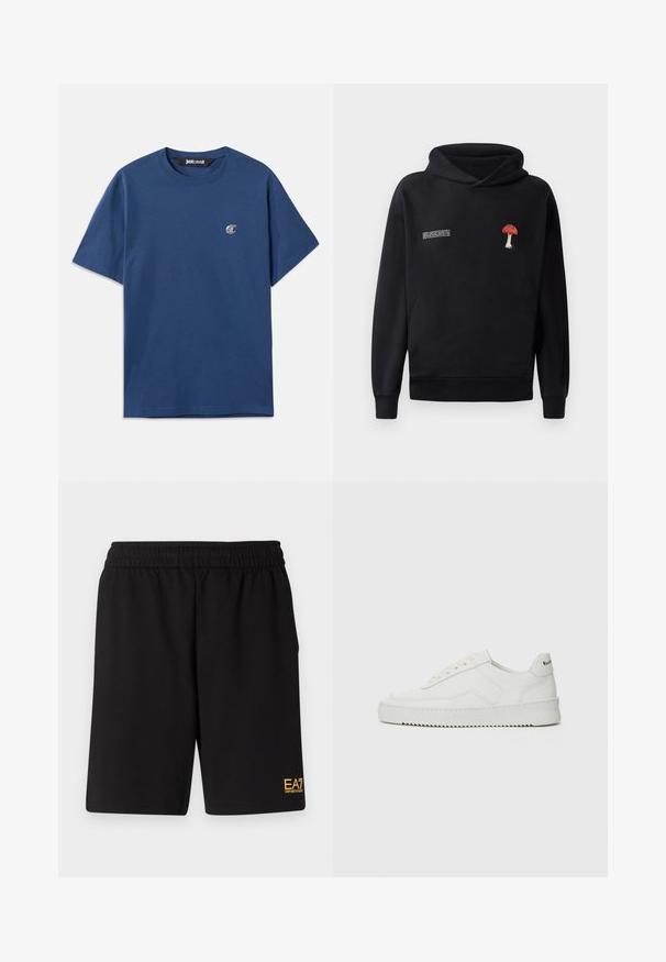 Črna kapuca s sprednjim žepom v obliki kenguruja, ki ima na prsih vezenje rdeče in bele gobe ter belo besedilo ob strani.; Temno modra bombažna majica s kratkimi rokavi in okroglim izrezom, z majhnim ovalnim logotipom na levi oprsju. Gladka tekstura, sproščen kroj.; Črne športne kratke hlače iz mehkega blaga, z elastičnim pasom in majhnim rumenim logotipom EA7 na spodnjem levem delu noge.; Bela usnjena športna obutev z gladko površino, okroglo prst, ravne vezalke in teksturiran podplat. Ima diskretno logo na peti.