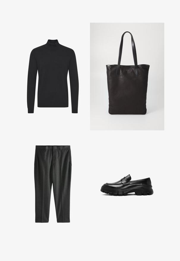 Maglione a collo alto nero realizzato in tessuto liscio, con maniche lunghe e polsini e orlo a costine. Design semplice e senza decorazioni.; Next STRIPE-REGULAR FIT - Chino - charcoal grey; Mocassino in pelle nera con suola in gomma spessa e strutturata, dotato di una fascia decorativa sulla parte superiore e una finitura lucida e elegante.; Borsa tote in tela nera con manici in pelle nera. Design semplice, corpo spazioso e texture liscia. Nessun logo o motivo visibile.