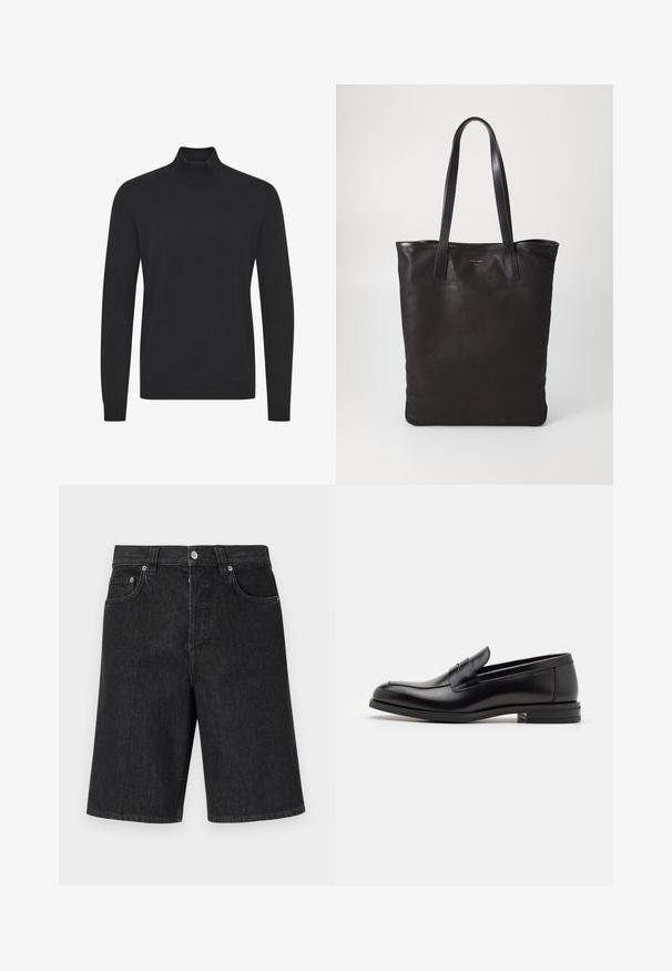 Melns augstā kakla džemperis, izgatavots no gludas auduma, ar garām piedurknēm un ribotām maliņām un apakšmalu. Vienkāršs, neizpušķots dizains.; Melni džinsi īsie bikses ar taisnu griezumu, piecām kabatām un metāla pogas aizdari. Iespējo diskreto tekstūru un klasisku dizainu.; Melnas ādas kurpes ar gludu tekstūru, noapaļu purngalu un dekoratīvu siksniņu pāri priekšpusei. Zems sakrauts papēdis, minimālisma dizains.; Melnas auduma iepirkumu soma ar melnām ādas rokturiem. Vienkāršs dizains, plaša forma un gluda tekstūra. Nav redzamu logo vai rakstu.