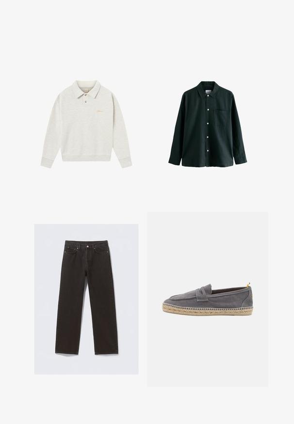 Svetlosivý polo mikin s jemnou látkou, ktorý má gombíkovú légou, rebrované manžety a vyšívané logo v zlatej farbe blízko hrudníka.; Tmavozelená košeľa na gombíky s golierom, dlhými rukávmi a jednou náprsní kapsou; má biele gombíky a jemnú textúru.; Čierne džíny z denimového materiálu so strihom rovného nohavice, piatimi vreckami a meďou sfarbeným prešívaním. Hladká textúra, klasické zapínanie na gombík v páse.; Šedá plátenná obuv na slip-on s pletenou jute podrážkou a kontrastným žltým akcentom na päte, s hladkou textúrou a minimalistickým dizajnom.