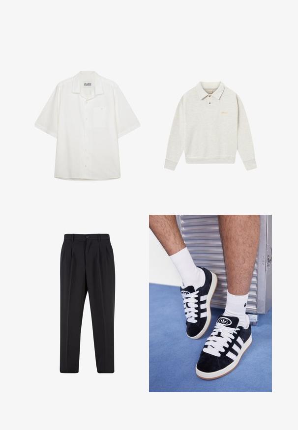 Jasnoszara polówka z suwakiem, wykonana z miękkiego materiału, z guzikami, ściągaczami na rękawach oraz haftowanym logo w złotym kolorze na wysokości klatki piersiowej.; Biała koszula z krótkim rękawem, wykonana z gładkiego materiału, z kieszonką na piersi oraz klasycznym kołnierzykiem i prostym dołem.; Czarne spodnie z plisowanym przodem, wykonane z gładkiego materiału. Zapięcie na guzik i szlufki na pasek; prosty krój nogawek.; Czarne zamszowe sneakersy z białymi sznurówkami i trzema białymi paskami. Posiadają okrągłe czarne logo na języku i gumową podeszwę.