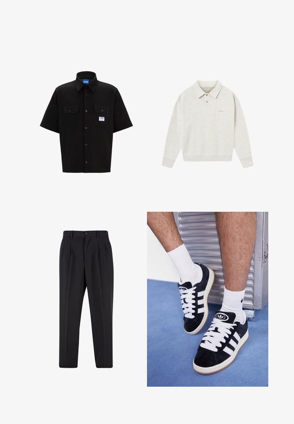 Svetlo sivi polo pulover iz mehkega materiala, z gumbastim zapenjanjem, rebrastimi manšetami in vezenim logotipom v zlati barvi blizu prsnega dela.; Črna kratka majica s kratkimi rokavi, strukturiranim ovratnikom, dvema sprednjima žepoma, zapiranjem na gumb in majhnim modrim in belim logotipom na levi strani.; Črne hlače z nabranim sprednjim delom, narejene iz gladkega materiala. Imajo gumbasto zapiranje in zanke za pas; ravne hlačnice.; Črne semiš teniske z belimi vezalkami in tremi belimi črtami. Imajo okroglo črno oznako na jezičku in gumijast podplat.