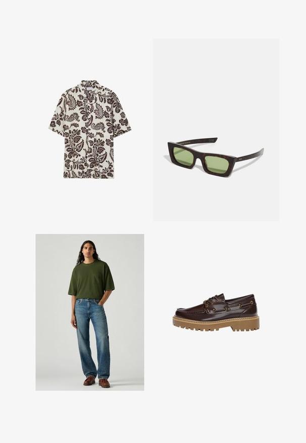 Helles graues Polo-Sweatshirt aus weichem Stoff, mit Knopfleiste, gerippten Bündchen und goldenem gestickten Logo in der Nähe der Brust.; Hemd mit kurzen Ärmeln aus leichtem Stoff, mit einem cremfarbenen Hintergrund und filigranen, dunkelbraunen Paisleymustern sowie einem klassischen Kragen.; Grünes T-Shirt mit kurzen Ärmeln und einer Brusttasche, kombiniert mit hellblauen Jeans. Das Model steht in braunen Schuhen vor einem grauen Hintergrund.; Braune Lederbootsschuhe mit strukturierter Oberfläche, ausgestattet mit goldenen Hardware-Akzenten, einer dicken, beigefarbenen Gummisohle und einem klassischen Schnürdesign.; Schildpatt-Sonnenbrille mit rechteckigem Rahmen, grünen Gläsern und schlanken Bügeln. Akzente umfassen goldene Schrift auf dem Steg.