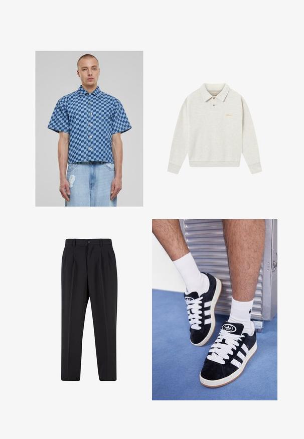 Gaiši pelēks polo džemperis, kas izgatavots no mīkstas auduma, ar pogu aizdari, ribotām piedurknēm un izšūtu zīmolu zeltā tuvu krūtīm.; Kapitāna piedurkņu krekls zilā pārbaudītā rakstā, denim materiāls, ar pogām priekšā un īsu, kvadrātveida piegriezumu. Apakšā ir vecinātu džinsu bikses.; Melni brīvie bikses ar krokotu priekšpusi, izgatavotas no gludas auduma. Iespējama poga aizdare un jostas cilpas; taisnu kāju forma.; Melni zamšaini sporta apavi ar baltiem šņorēm un trim baltām svītrām. Iekļauj arī apaļu melnu logotipu uz mēles un gumijas zoli.