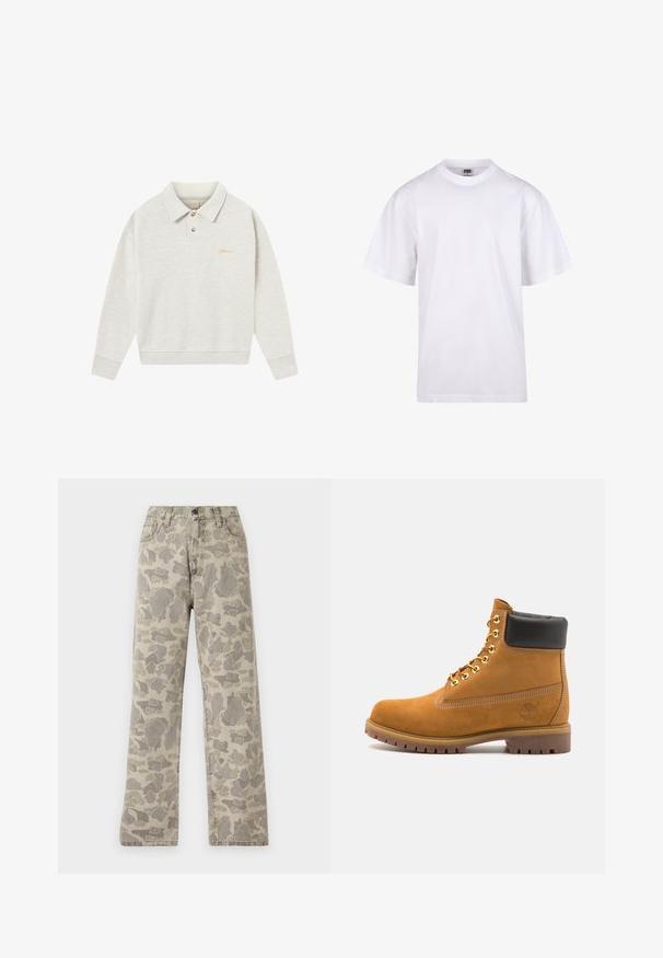 Helles graues Polo-Sweatshirt aus weichem Stoff, mit Knopfleiste, gerippten Bündchen und goldenem gestickten Logo in der Nähe der Brust.; Weißes Baumwoll-T-Shirt mit Rundhalsausschnitt, kurzen Ärmeln und lockerer Passform. Hat ein schlichtes Design ohne Muster oder Akzente.; Carhartt WIP LANDON PANT - Jeans Straight Leg - grey/black; Beige Wildleder-Ankle-Boot mit schwarzem gepolstertem Kragen, goldenen Metallösen, weißen Nähdetalben und einer robusten Gummisohle mit ausgeprägtem Profil.
