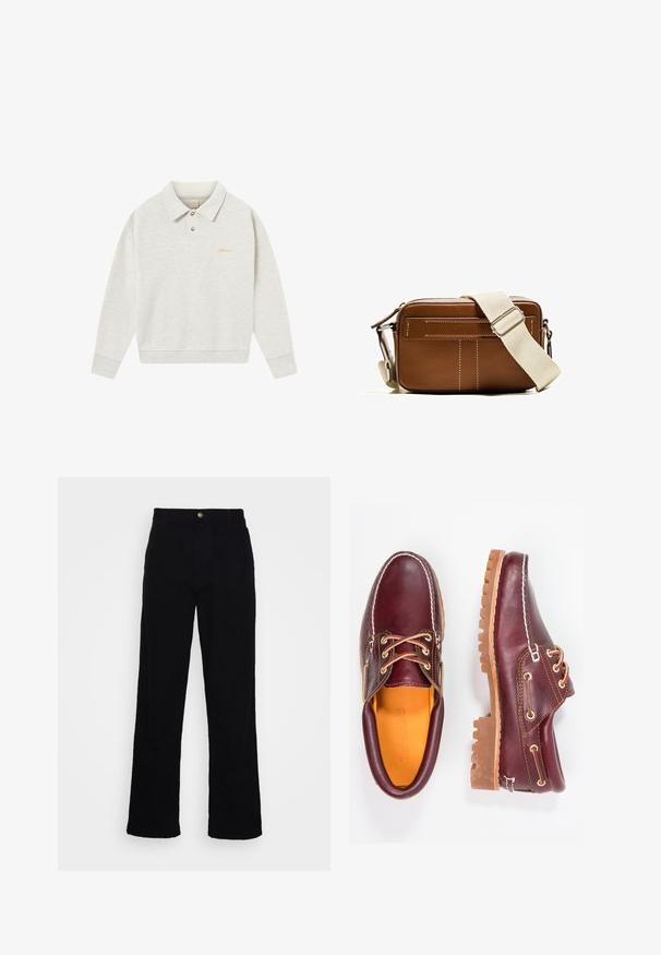 Světlé šedé polo mikiny vyrobené z měkké látky, s knoflíkovou légou, žebrovanými manžetami a vyšitým logem ve zlaté barvě blízko hrudi.; Černé vysoké rovné kalhoty vyrobené z denimu s hladkou texturou, s předním zapínáním na knoflík a designem s pěti kapsami.; Burgundské kožené boty s hnědými gumovými podrážkami, kulatou špičkou, bílým prošíváním a zlatými očky. Interiér obsahuje žlutou podšívku.; Hnědá kožená taška přes rameno s bílým prošíváním, obdélníkový tvar, zipové uzavírání a béžový nastavitelný popruh. Obsahuje dvě přední kapsy.