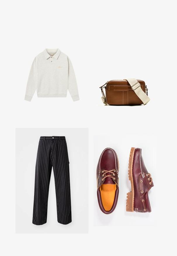 Svetlosivý polo mikin s jemnou látkou, ktorý má gombíkovú légou, rebrované manžety a vyšívané logo v zlatej farbe blízko hrudníka.; Námořnické pruhované kalhoty s širokými nohavicemi, vyrobené z látky s vertikálními bílými pruhy, s knoflíkovým a zipovým zapínáním a bočními kapsami.; Bordové kožené topánky s hnedými gumovými podrážkami, okrúhlou špičkou, bielym prešívaním a zlatými kovaniami. Interiér má žlté podšívku.; Hnedá kožená crossbody taška s bielym prešívaním, obdĺžnikový tvar, so zipsom a béžovým nastaviteľným popruhom. Obsahuje dve predné vrecká.
