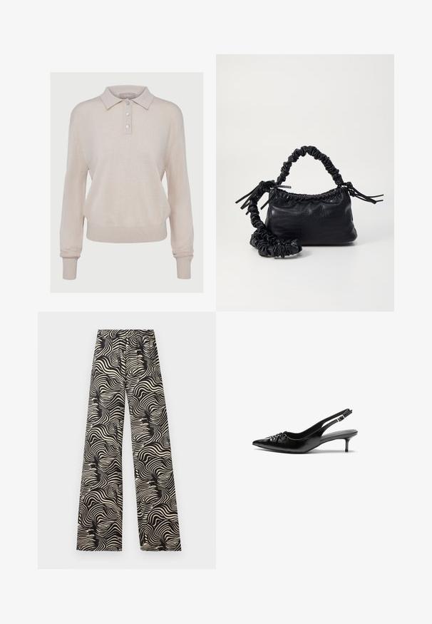 Beežist õmmeldud polo särk pika varrukaga, nööbiga kaelaehe, soonikkoes mansetid ja äär, millel on pehme tekstuur ja lõtv istuvus.; Laiad püksid monokroomse keerleva mustriga. Materjal tundub kerge ja tekstuuriga viimistlusega; omaduseks on kõrge elastne vöökoht.; Musthave nahkased kõrged kontsad, millel on terav varvas, väike kitten-kont ja dekoratiivne sõlm ees. Ühtlane sile tekstuur.; Must must sünteetilisest nahast käekott, millel on krokodillimuster, kokku tõmmatav ülaosa ja kortsus rihm. Tundub pehme ja kompaktne disain.