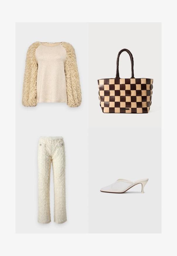 Beige top with long, fluffy sleeves; smooth, shimmery body material; raglan sleeve design; soft texture; casual fit; minimalistic style.; Fuzzy, off-white trousers with a soft texture, straight legs, and decorative silver button accents on the front pockets.; White mesh pointed-toe mule with a slim mid-height heel and slip-on design against a plain background.; Brown and beige leather tote bag with a woven checkerboard pattern and braided handles on a white background.
