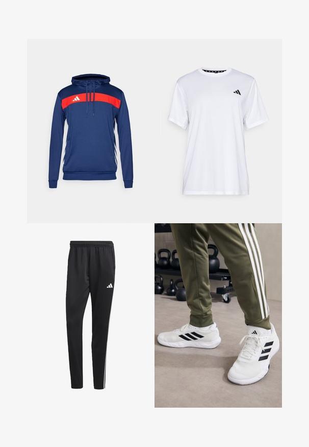 Navy hooded sweatshirt with a red horizontal stripe featuring a white logo. Long sleeves, drawstring neckline, and contrasting side accents.; White athletic t-shirt with short sleeves, made from moisture-wicking fabric. Features a black logo on the left chest and a patterned interior neckline.; Black athletic pants with a stretchy waistband, white side stripes, and a small white logo on the thigh. Made from a smooth, lightweight material.; White athletic shoes with black stripes, mesh texture, and a padded collar, paired with olive green pants featuring white side stripes.