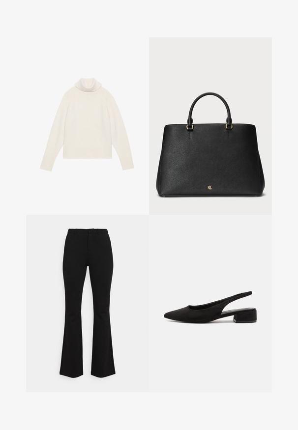 Gaišais krēms turtlenecks džemperis ar ribotu tekstūru, raglan piedurknēm un pieguļošu apakšmalu. Mīksts materiāls un brīva silueta.; Melnas izplūdušas bikses, izgatavotas no elastīga auduma. Ar pieguļoša vidukļa daļu, plakanu priekšpusi un smalku šuvju detaļām. Kopumā gluda tekstūra.; Call it Spring BECKYY B.E.D FOAM - Klasiski papēži - black; Melnas ādas rokassoma ar strukturētu dizainu, gludu tekstūru un divām augšējām rokturēm. Iezīmē zelta akcentus un logo apakšā.