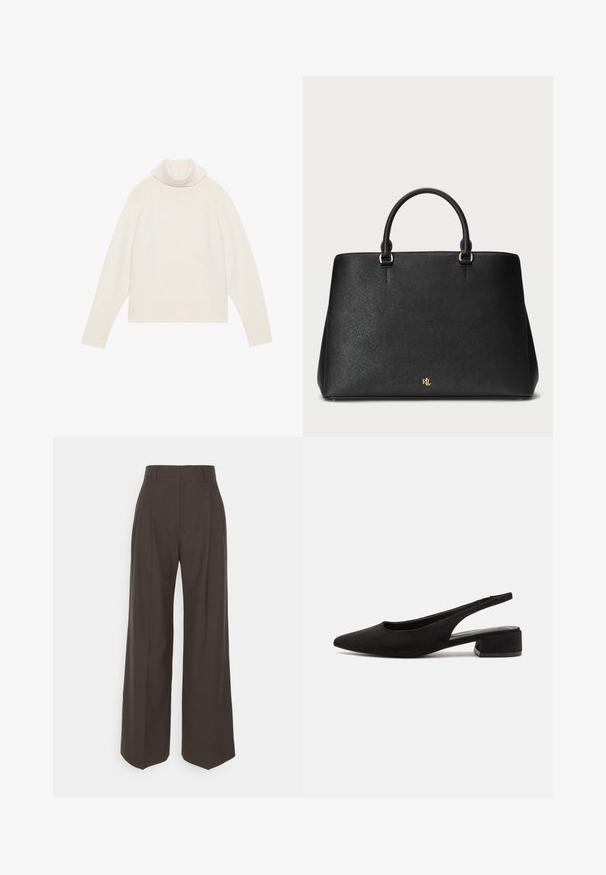 Svetar s turtleneck iz svetle kreme, z ribano teksturo, raglan rokavi in oprijetim robom. Mehak material in sproščen silhueta.; Temno rjave široke hlače z visokim pasom, ki imajo lepo stisnjene gube, gladko teksturo in krojen fit.; Call it Spring BECKYY B.E.D FOAM - Klasične pete - black; Črna usnjena torbica z strukturiranim dizajnom, gladko teksturo in dvema zgornjima ročajema. Ima zlate poudarke in logotip na dnu.