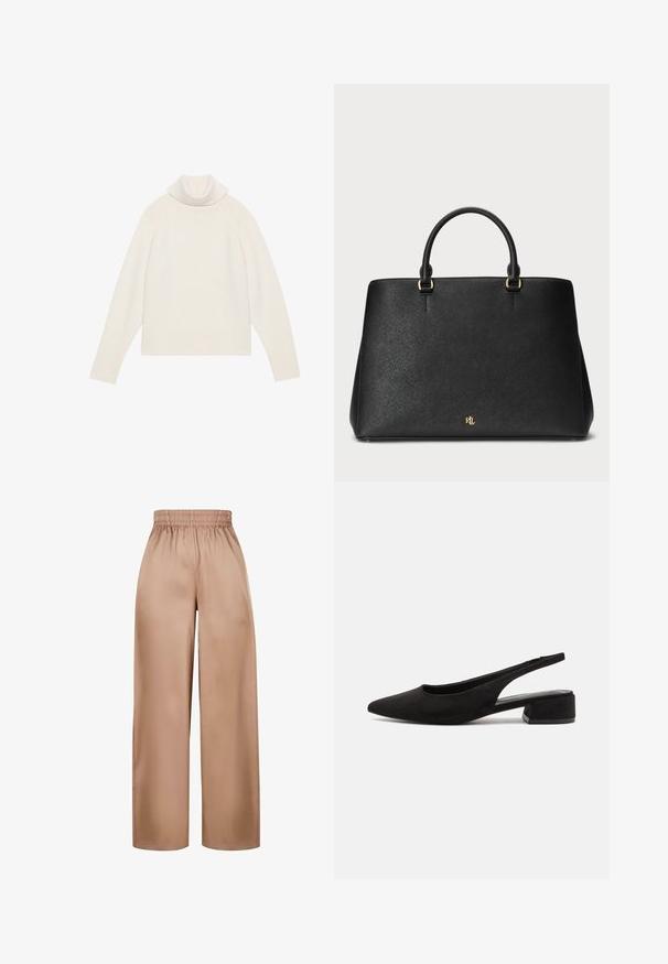 Jasny kremowy sweter z golfem o prążkowanej teksturze, z rękawami raglanowymi i dopasowanym dołem. Miękki materiał i luźna sylwetka.; Szerokie, jasnobrązowe spodnie wykonane z gładkiego materiału, z elastycznym pasem, o prostym kroju i bez dodatkowych zdobień.; Call it Spring BECKYY czarny; Czarna skórzana torebka o strukturalnym wzorze, gładkiej fakturze i dwóch górnych rączkach. Posiada złote akcenty oraz logo na dole.