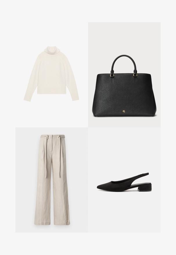 Pull à col roulé crème clair avec texture côtelée, manches raglan et ourlet ajusté. Matériau doux et silhouette décontractée.; Pantalons larges en lin beige clair avec une taille haute, des plis avant et un détail de ceinture nouée. Texture lisse et coupe décontractée.; Call it Spring BECKYY B.E.D FOAM - Escarpins - black; Sac à main en cuir noir au design structuré, texture lisse et deux anses supérieures. Comprend des accents dorés et un logo en bas.