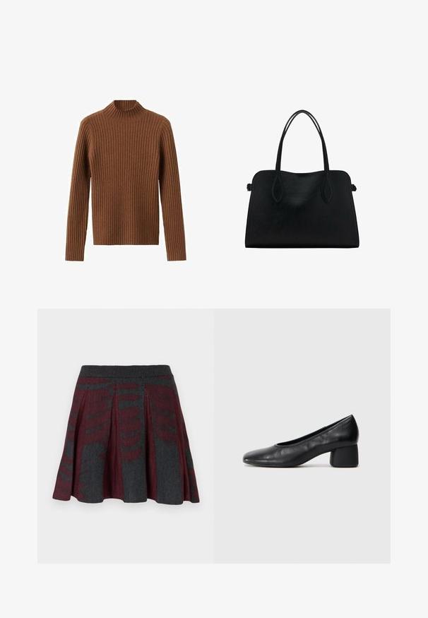 Maglione marrone a costine con collo alto e maniche lunghe. La trama è morbida, caratterizzata da righe verticali uniformi su tutta la superficie.; Gonna mini plissettata in maglia con motivo astratto in bordeaux e grigio scuro e cintura a coste.; Pantofole nere in pelle con punta arrotondata e tacco medio a blocco. Texture liscia con dettagli minimi, caratterizzata da un'apertura elastica sottile.; Borsa a mano in pelle nera con doppio manico, forma rettangolare e design minimalista su sfondo bianco.