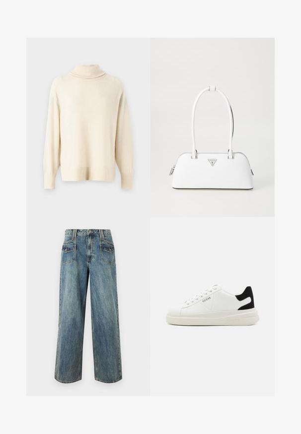 Svijetlo bež pulover s rol kragnom, izrađen od mekog materijala. Ima raglan rukave i rebraste manžete i rub. Jednostavan, neukrašen dizajn.; Svijetloplavi traper široki traperice s visokim strukom, koje imaju pet džepova, vidljive šavove i lagano izblijedjeli izgled.; Bijele kožne tenisice s debelim bijelim potplatom, crnim zamšastim akcentom na peti i ugraviranim logom sa strane. Dizajn s vezicama i šest rupa za vezivanje.; Bijela kožna torba s zakrivljenim oblikom, sadrži srebrni trokutasti logo i zatvaranje na patentni zatvarač. Glatka tekstura i dvostruke ručke.