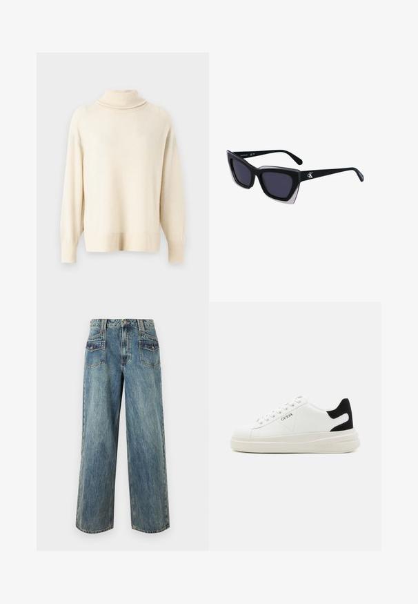 Light beige turtleneck sweater made of soft fabric. Features raglan sleeves and ribbed cuffs and hem. Simple, unadorned design.; Light blue denim wide-leg jeans with a high waist, featuring five pockets, visible stitching, and a slightly faded texture.; White leather sneakers with a thick white sole, black suede heel accent, and embossed logo on the side. Laced design with six eyelets.; Black oversized sunglasses with a geometric shape, featuring dark lenses and a contrasting grey detail on the frame. Logo on the arm.