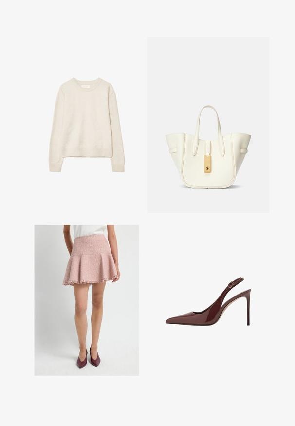 Beige svetr s dlouhým rukávem a kulatým výstřihem, s žebrovanými manžetami a lemem, vyrobený z měkké pleteniny, vystavený na bílém pozadí.; Světle růžová, texturovaná kolová sukně s třásněmi na spodním lemu. Vyrobena z tkané látky, má vysoký pas. Vytvořena s burgundskými podpatky.; Tmavě hnědá lakovaná kožená lodička na vysokém podpatku se špičatou špičkou, nastavitelným popruhem a štíhlým jehlovým podpatkem.; Bílá kožená taška přes rameno se strukturovaným tvarem, výrazným prošitím, zlatým kovovým štítkem a dvojitými uchy. Texturovaný povrch s bočními kapsami.
