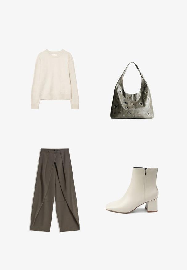 Beige langärmliger Rundhalspullover mit gerippten Bündchen und Saum, aus weichem Strickstoff, vor einem weißen Hintergrund präsentiert.; Weite Hosen aus einem strukturierten, dunkelgrauen Stoff. Mit einer vorderen Faltenlegung, Knopfverschluss und praktischen Seitentaschen ausgestattet.; Weiße Lederstiefelette mit spitzer Zehenpartie und Blockabsatz. Verfügt über einen seitlichen Reißverschluss und dezente Steppnähte. Glatte Textur, minimalistisches Design.; Olivgrünes Lederhandtäschchen mit einem lässigen Design, das verschiedene runde Ausschnitte in unterschiedlichen Größen und Akzente in dunkleren und helleren Farbtönen aufweist.