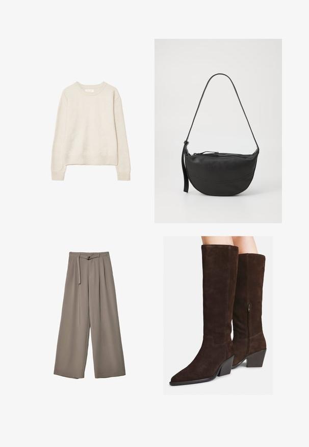 Béžový dlhý rukáv sveter s okrúhlym výstrihom a rebrovanými manžetami a lemom, vyrobený z jemnej pleteniny, vystavený na bielom pozadí.; Široké nohavice v jemnej, tlmenej šedej tkanine, s opaskom v pase a vreckami pre dodatočný dizajnový detail. Hladký povrch, bez vzorov.; Tmavohnedé semišové čižmy po kolená s špicatými špičkami, blokovými podpätkami a bočnými zipsami, nosené na holých nohách na bielom pozadí.; Čierna kožená taška na rameno s oblým tvarom, jedným popruhom, zipsovým uzáverom a jemným šitím okolo tela.