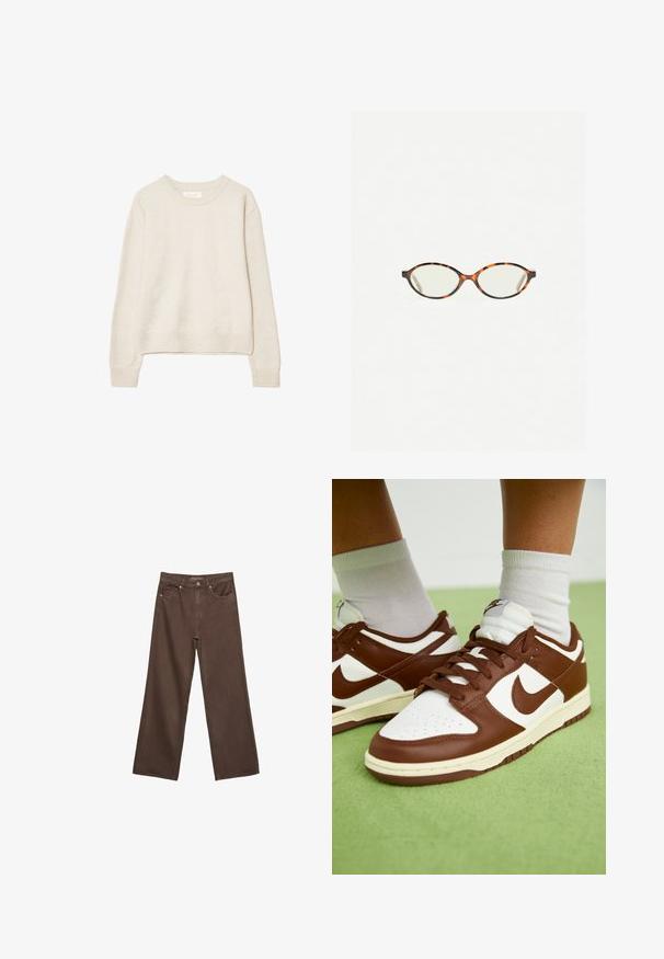 Beige pitkähihaisen pyöreäkauluksinen villapaita, jossa on ribbikuvioiset hihansuut ja helma, valmistettu pehmeästä neulekankaasta, esitelty valkoista taustaa vasten.; Leviittävät ruskeat farkut, jotka on valmistettu denimistä, korkea vyötärö, etutaskut ja klassinen nappikiinnitys. Silkkinen pinta hienovaraisella ompelutyöllä.; Ruskea ja valkoinen nahkakengät, joissa on rei'itetty varvasosa, teksturoituja yksityiskohtia ja litteät nauhat. Mallissa on matala muotoilu ja kumipohja.; Kilpikonnakuosiset silmälasit, joissa on soikeat linssit ja tyylikäs, sileä pinta. Ominaisuudet: ohuet sivut, joissa on hienovarainen kaari temppeleissä. Kirkkaat linssit.