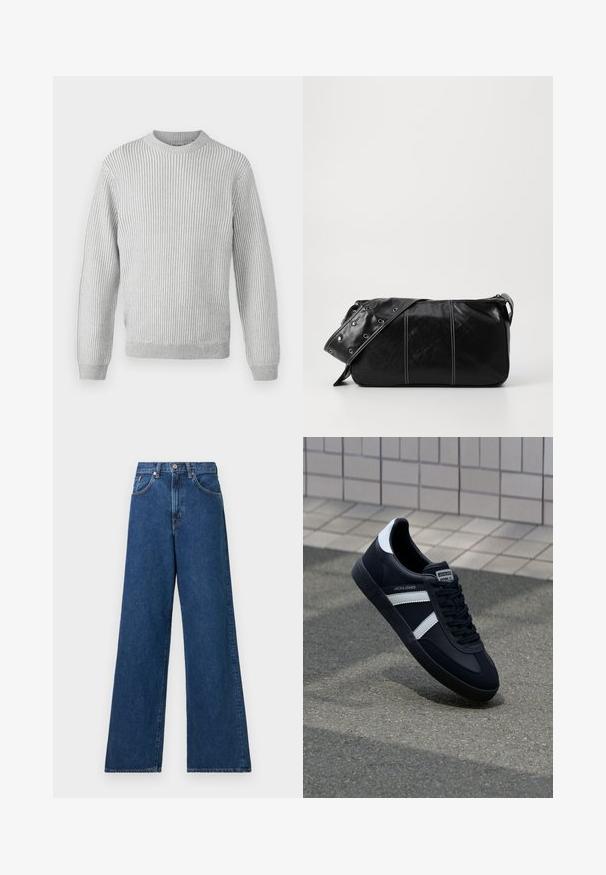 Svetlošedý rebrovaný sveter s okrúhlym výstrihom, dlhými rukávmi a rovnými lemami. Vyrobený z jemnej, štruktúrovanej látky.; Dlhé modré džínsy s voľným strihom a vysokým pásom, so slučkami na opasok a prednými vreckami. Materiál má hladkú textúru a minimálne šitie.; Čierne kožené tenisky s bielymi pruhmi, textúrovanou gumovou podrážkou a šnurovaním vpredu. Obsahujú označenie značky na jazyku.; Čierna kožená kabelka cez plece so zipsovým uzáverom, so štruktúrovaným telom, bielym prešívaním a popruhom so striebornými očkami.