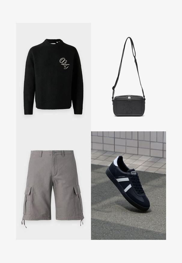 Black knitted sweater with a crew neck, featuring ribbed cuffs and hem. Embroidered letters "ORG" in contrasting color on the chest.; Gray cargo shorts made of cotton blend fabric. Features side pockets, adjustable drawstrings at the hem, and a button closure.; Black leather sneaker with white stripes, textured rubber sole, and lace-up front. Features a branded label on the tongue.; Black leather crossbody bag with a zip closure, embossed logo on the front, and adjustable strap. Smooth texture with a rectangular shape.