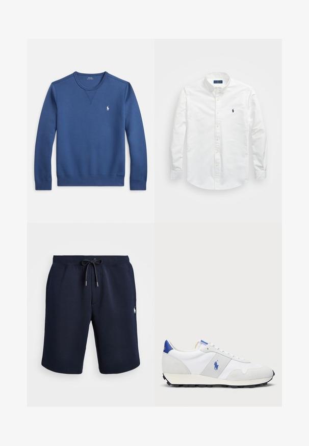 Zila džemperis ar apaļu kakla izgriezumu, izgatavots no mīkstas auduma, ar ribotu apkakli un aprocēm, un nelielu baltu logotipu kreisajā krūtīs.; Balts krekls ar pogām, kas izgatavots no kokvilnas. Iezīmēts ar uzgaļa tipa apkakli, garām piedurknēm un mazu tumši zilu logotipu uz krūtīm. Gluda tekstūra.; Armijas zilas sporta šortus, izgatavotus no mīksta auduma, ar ieliekamu jostu un mazu izšūtu logo apakšējā pusē.; Baltas sporta apavi ar pelēku zamšādas akcentu, sieta augšdaļu, zilu papēža cilpu un melnu gumijas zoli. Iespējams, ir auklu aizdare un logo.