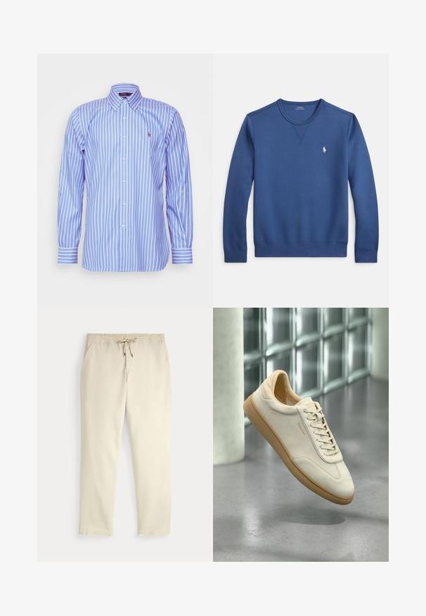 Sweatshirt azul com gola redonda feita de tecido macio, apresentando uma gola e punhos canelados, com um pequeno logótipo branco no lado esquerdo do peito.; Polo Ralph Lauren CUSTOM FIT STRIPED PINPOINT OXFORD SHIRT - Camisa - blue/white; Calças casuais off-white com cintura elástica e cordão, pernas retas e bolsos laterais, contra um fundo liso.; Sapatilha de camurça bege com sola texturizada em borracha cor de caramelo. Apresenta atacadores planos, biqueira arredondada e marcação subtil na lateral. Colarinho levemente acolchoado.