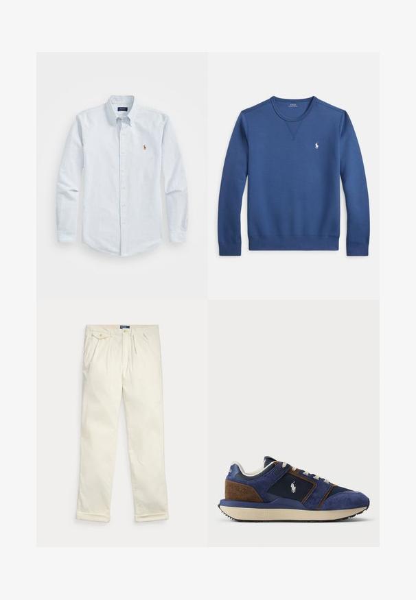 Sinine ümmarguse kaelusega pusa, valmistatud pehmest kangast, millel on soonikkoes kaelus ja mansetid ning väike valge logo vasakul rinnal.; Heled sinine triibuline nööbiga särk pikkade varrukatega, krae ja väikese punase tikandiga logo rinnal. Puuvillane kangas.; Kreemika värvi fliisriidest püksid plisseeringute, küljetaskute, nööpidega kaetud tasku ja voltidega alläärtega, laotatud valgele taustale.; Tumedat sinine nahk ja võrk, millel on heledamad aktsendid, beež kummist tald ja valged kingapaelad; külje peal on logo.