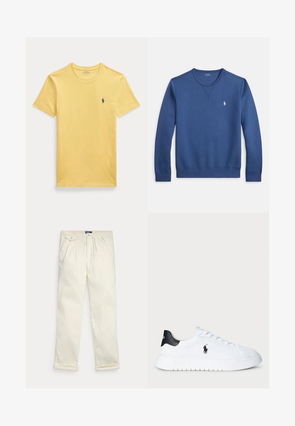Zila džemperis ar apaļu kakla izgriezumu, izgatavots no mīkstas auduma, ar ribotu apkakli un aprocēm, un nelielu baltu logotipu kreisajā krūtīs.; Dzeltena kokvilnas T-krekls ar apaļu kakla izgriezumu un īsām piedurknēm. Kreisajā krūtīs ir neliela zilā izšūta logotipa zīme.; Krēmkrāsas kordurojas bikses ar bantiem, sānu kabatām, kabatu ar aizpogājamu atloku un salocītām aprocēm, novietotas uz balta fona.; Baltas zems sports apavi ar melnu papēdi un melnu Polo Ralph Lauren logotipu sānos, ar baltām auklām un biezu gumijas zoli.
