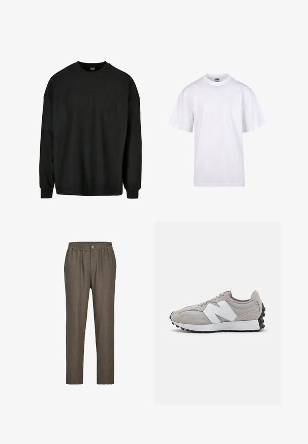 Czarny długi rękaw, żebrowany sweatshirt z okrągłym dekoltem i luźnym krojem. Posiada teksturowany materiał i dopasowane mankiety. Brak graficznych detali.; Biała bawełniana koszulka z okrągłym dekoltem, krótkimi rękawami i luźnym krojem. Posiada prosty design bez wzorów czy akcentów.; Jack & Jones JPSTKARL LAWRENCE ciemnobrązowy; Szare sneakersy wykonane z siateczki i zamszu, z białym logo po bokach, szarymi sznurówkami i czarną gumową podeszwą.