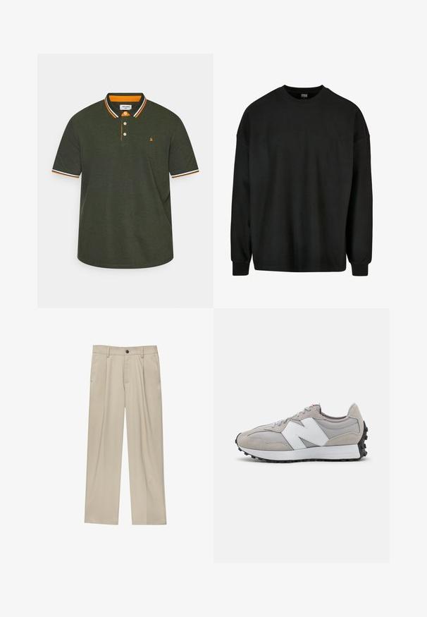 Sort langærmet ribbet sweatshirt med rund hals og løs pasform. Har stribet stof og tætsiddende manchetter. Ingen grafiske detaljer.; Polo skjorte i mørkegrøn, med en krave i orange og hvid strib. Den har en tre-knaps knaplukning og et lille logo på brystet.; Beige bukser med lige snit, der har en enkelt sort knap, bæltestropper og sidelommer. Glat stoftekstur og minimalistisk design.; Grå sneakers med mesh- og semsket lædermaterialer, med et hvidt sidelogo, grå snørebånd og en sort gummisål.