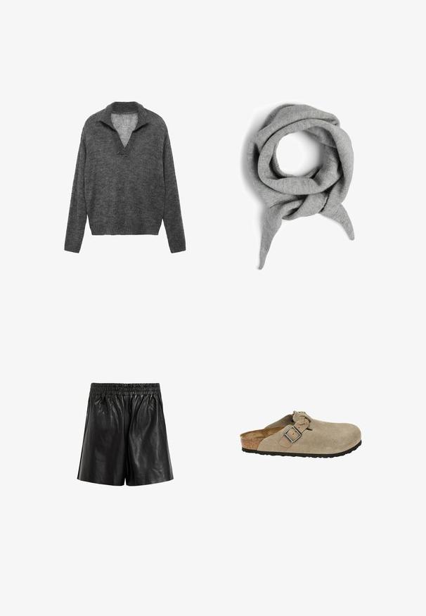 Harmaa neulepaita, jossa on V-mallinen kaula-aukko ja ribbineulehelmassa. Ominaisuuksiin kuuluu rento istuvuus ja pitkät hihat, valmistettu pehmeästä teksturoidusta materiaalista.; Mustat nahkashortsit, joissa on joustava vyötärö, sileä pinta, leveät lahkeet ja ei näkyviä taskuja tai koristeita.; Beige mokkasiinit, joissa on pyöreä kärki, säädettävä hihna ja solki, korkkipohja ja teksturoitu musta kumipohja pitoa varten.; Harmaa neulottu huivi, pyöreä muoto löysillä päillä. Pehmeä rakenne, tasainen väri, eikä näkyviä kuvioita tai varaosia.; Musta kangaskassi, jossa on rypistetty pinta, kaksi olkahihnaa ja narukiristys sivuilla. Sileä, kevyt materiaali.