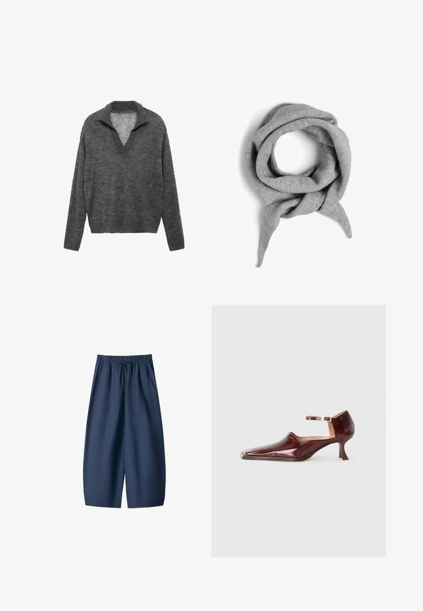 Grå stickad tröja med V-ringning och ribbad nederkant. Har en avslappnad passform och långa ärmar, tillverkad av mjukt texturerat material.; Mörkblå shorts av ett smidigt tyg, med elastisk midja och snörning samt två sidfickor. Avslappnad passform, knä-lång design.; Burgunderfärgad patentlädersko med spetsig tå, ankelrem och 5 cm avsmalnande klack. Slät yta och minimalistisk design.; Grå stickad scarf, cirkelformad med lösa ändar. Mjuk textur, enhetlig färg och inga synliga mönster eller hårdvarudetaljer.; Svart tyghandväska med rynkad textur, två axelremmar och dragsko stängning på sidorna. Slätt, lätt material.