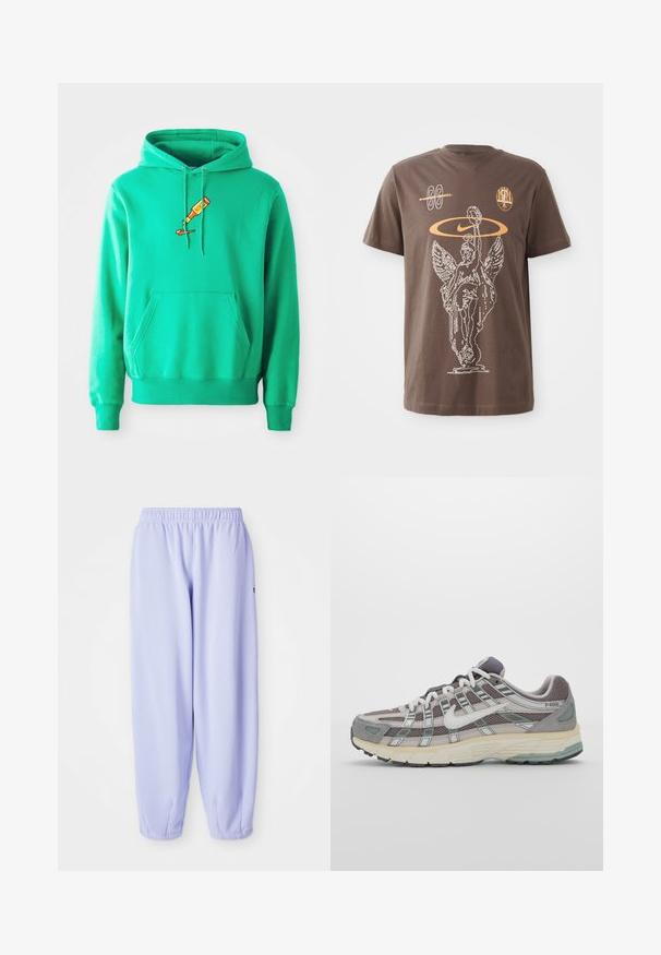 Grön hoodie av mjukt tyg, med en framficka i kangaroo-stil och en logga av en färgtub som droppar på bröstet.; Brun bomulls-T-shirt med en vit kontur av en bevingad staty, Nike-logotyp och abstrakta former i orange, med korta ärmar och rund halsringning.; Lila sweatpants med resårmidja, smalnande ben och ribbade manschetter. Tillverkade av mjukt, ventilerande tyg.; Grå atletiska sko med en överdel av mesh och mocka, vita accenter, en vadderad sula och en unik design med reflekterande element.