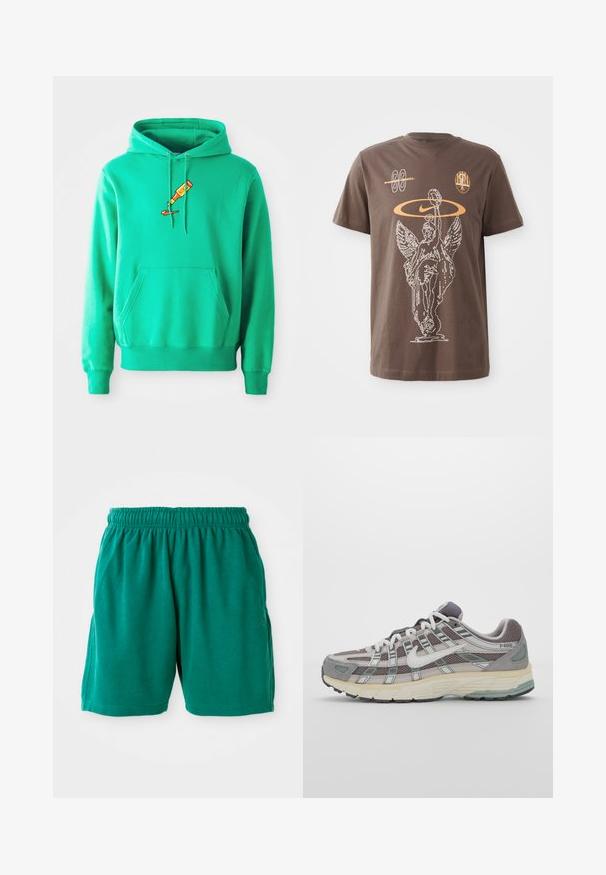 Grønn hettegenser laget av mykt stoff, med en frontlomme og et logo av en malerør som drypper på brystet.; Brun bomull T-skjorte med en hvit kontur av et vinget statue, Nike-logo og abstrakte former i oransje, med korte ermer og rund hals.; Grønne bomullsshorts med elastisk midje, side lommer og sømdde kanter. Glatt tekstur med en avslappet, uformell passform.; Grå treningssko med overdel i nett og semsket skinn, hvite detaljer, en polstret såle, og et særpreget design med reflekterende elementer.