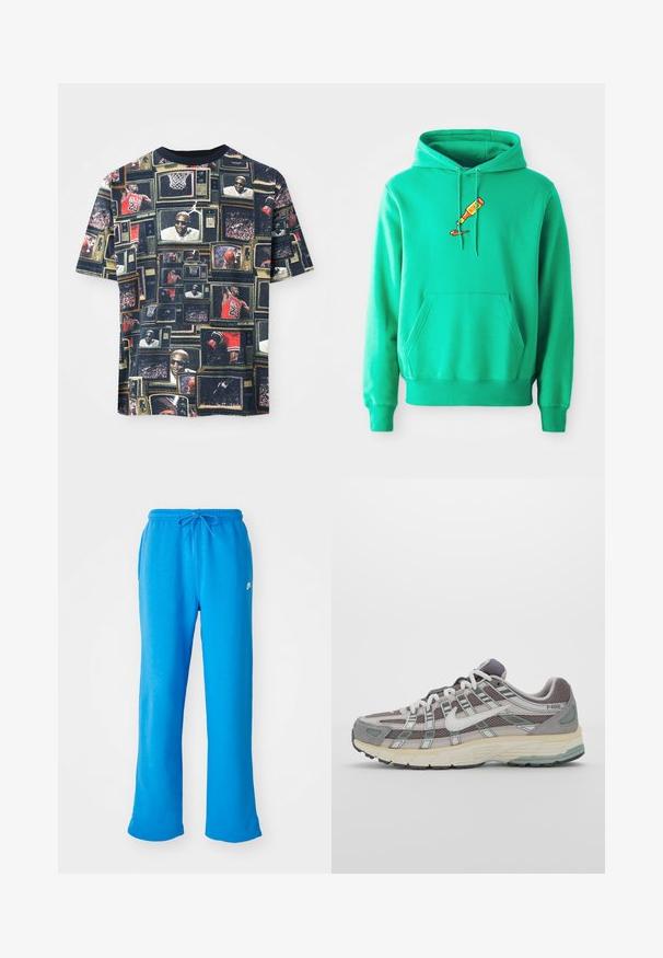 Hoodie verde feito de tecido suave, apresentando um bolso canguru frontal e um logótipo de um tubo de tinta a escorrer no peito.; T-shirt gráfica apresentando uma colagem de televisores vintage exibindo ação de basquetebol e jogadores, predominantemente em cores escuras e com um decote redondo.; Calças de fato azuis feitas de um tecido macio, apresentando um corte relaxado, um cós elástico com cordão e um pequeno logo branco no lado esquerdo.; Sapatilha atlética cinza com parte superior em malha e camurça, detalhes brancos, sola acolchoada e um design distinto com elementos refletivos.