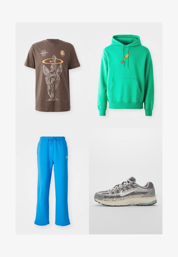 Grön hoodie av mjukt tyg, med en framficka i kangaroo-stil och en logga av en färgtub som droppar på bröstet.; Brun bomulls-T-shirt med en vit kontur av en bevingad staty, Nike-logotyp och abstrakta former i orange, med korta ärmar och rund halsringning.; Blå sweatpants i mjukt material, med en avslappnad passform, elastisk midja med dragsko och en liten vit logotyp på vänster sida.; Grå atletiska sko med en överdel av mesh och mocka, vita accenter, en vadderad sula och en unik design med reflekterande element.
