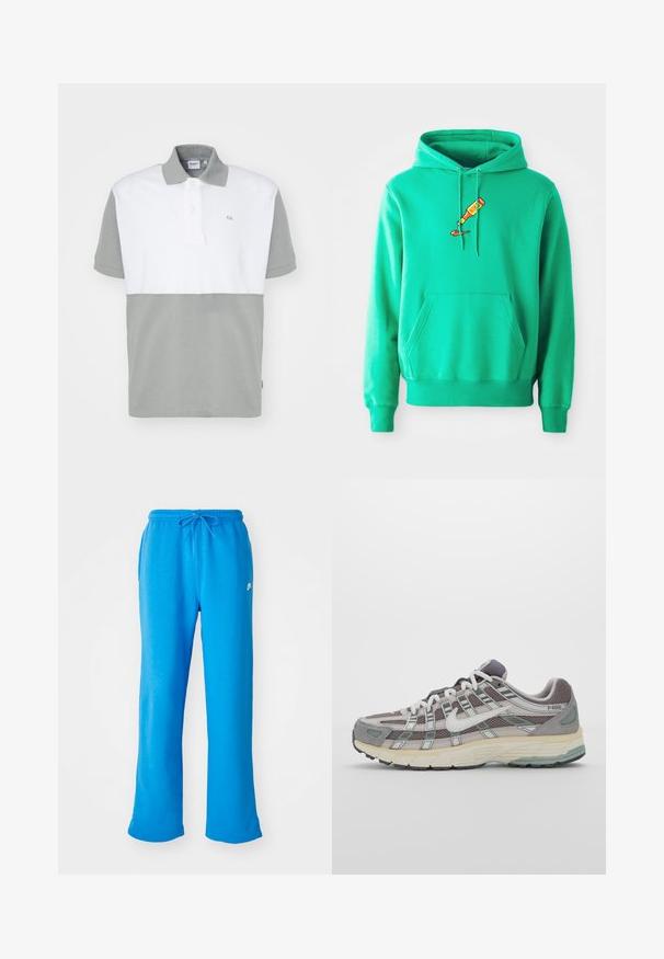 Zelená mikina vyrobená z mäkkého materiálu, s predným kengurím vreckom a logom rozliatej farby v tubi na hrudi.; Polo tričko s krátkym rukávom, ktoré má bielu hornú časť a dolnú časť v šalviovej zelene. S golierom a dvomi gombíkmi, z mäkkého materiálu, s jemným detailom loga.; Modré teplákové nohavice vyrobené z mäkkej látky, s voľným strihom, elastickým pásom so sťahovacou šnúrkou a malým bielym logom na ľavej strane.; Šedá športová obuv so zvrškom z nylonu a semišu, bielymi akcentmi, polstrovanou podrážkou a jedinečným dizajnom s reflexnými prvkami.