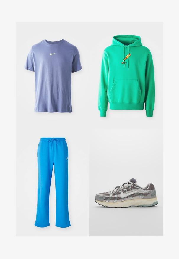 Žalia pūkinė striukė, pagaminta iš minkštos medžiagos, su priekinia kišene ir tuo pačiu metu krūtinėje užrašytu dažų tūbelės logotipu.; Tamsiai mėlynos spalvos trumpomis rankovėmis marškinėliai, pagaminti iš medvilnės mišinio, su mažuoju šviesiai žaliu Nike logotipo ant krūtinės ir apvalaus kaklo dizainu.; Mėlyni sportiniai džinsai, pagaminti iš minkštos medžiagos, turintys laisvą siluetą, elastingą liemenį su raišteliu ir mažą baltą logotipą kairėje pusėje.; Pilkas sportinis batas su tinklu ir zomšos viršutine dalimi, baltomis detalėmis, paminkštintu padu ir išskirtiniu dizainu su atspindinčiais elementais.