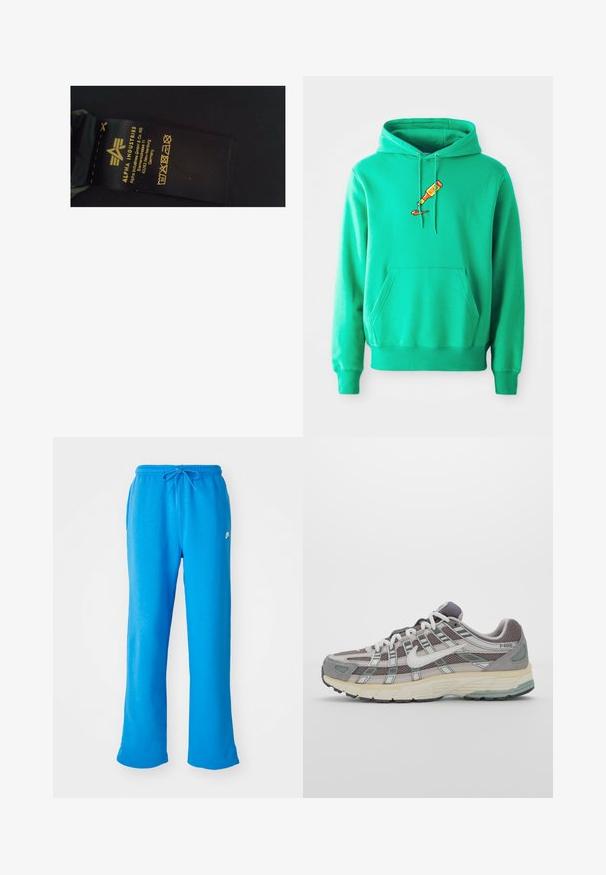Groene hoodie van zacht materiaal, met een voorste kangoeroezak en een logo van een verfbuisaampje dat op de borst druipt.; Zwart stoffen waslabel met gele tekst met daarop de merknaam "Alpha Industries", wasinstructies en fabricagegegevens.; Blauwe sweatpants van zacht materiaal, met een relaxte pasvorm, elastische tailleband met koord en een klein wit logo aan de linkerkant.; Grijze sportieve schoen met een bovenwerk van mesh en suede, witte accenten, een gevoerde zool en een onderscheidend ontwerp met reflecterende elementen.