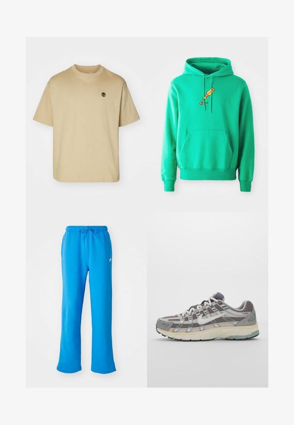 Vihreä huppari, joka on valmistettu pehmeästä kankaasta. Hupparissa on etupuolen kengurutasku ja rintaosassa maalaustubista tippuvaa maalia esittävä logo.; Vaalene puuvillane T-särk lühikeste varrukatega, ümar kaelus ja rindkere peal väike tikandiga logo. Klassikaline kasti lõike ja sile tekstuur.; Sininen collegehousut, jotka on valmistettu pehmeästä kankaasta, rento malli, elastinen vyötärönyörillä ja pieni valkoinen logo vasemmalla puolella.; Harmaa urheilukenkä, jossa on verkko- ja mokkanahkainen yläosa, valkoiset yksityiskohdat, pehmustettu pohja ja erottuva muotoilu heijastavilla elementeillä.