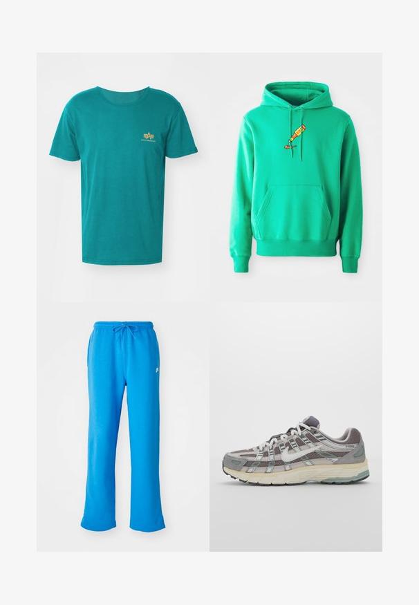 Zöld kapucnis pulóver, puha anyagból készült, elöl kenguruzsebbel és egy festékkel csöpögő tubus logóval a mellrészen.; Alpha Industries SMALL LOGO - Nyomott mintás póló - force green; Kék, puha anyagú melegítőnadrág, laza szabással, rugalmas derékpánttal és zsinórral, bal oldalon egy kis fehér logóval.; Szürke sportcipő, hálós és velúr felsőrésszel, fehér részletekkel, párnázott talppal és jellegzetes dizájnnal, amely visszaverő elemeket tartalmaz.