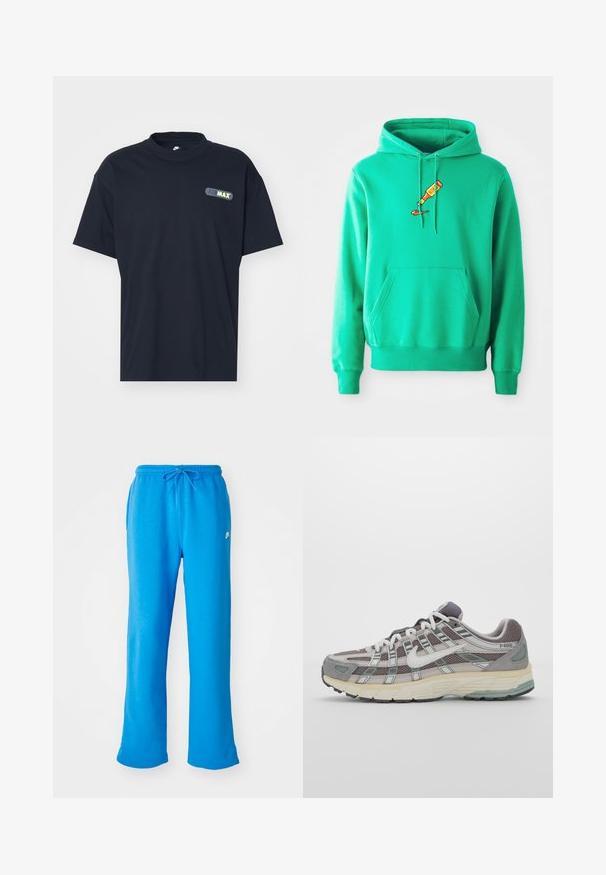 Zelená mikina s kapucí vyrobená z měkkého materiálu, s přední klokaní kapsou a logem trubice s barvou, která kape na hrudi.; Námořnická modrá krátkotričková košile s vysokým kulatým výstřihem a logem "AIR MAX" v bílé a zelené barvě na přední straně. Měkká bavlněná látka, uvolněný střih.; Modré tepláky z měkké látky, s uvolněným střihem, elastickým pasem se šňůrkou a malým bílým logem na levé straně.; Šedá sportovní obuv s vrchní částí z mikrovlákna a semiše, bílými akcenty, polstrovanou podrážkou a jedinečným designem s reflexními prvky.