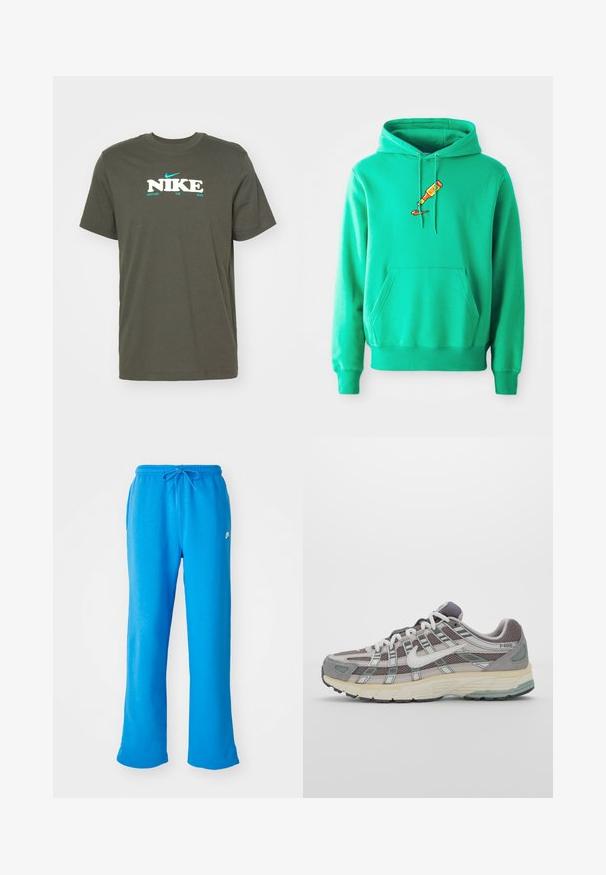 Hoodie verde feito de tecido suave, apresentando um bolso canguru frontal e um logótipo de um tubo de tinta a escorrer no peito.; T-shirt de algodão verde-oliva com mangas curtas, decote redondo e um ousado logo "NIKE" em branco e aqua, apresentando "NURTURE THE SOLE" abaixo.; Calças de fato azuis feitas de um tecido macio, apresentando um corte relaxado, um cós elástico com cordão e um pequeno logo branco no lado esquerdo.; Sapatilha atlética cinza com parte superior em malha e camurça, detalhes brancos, sola acolchoada e um design distinto com elementos refletivos.