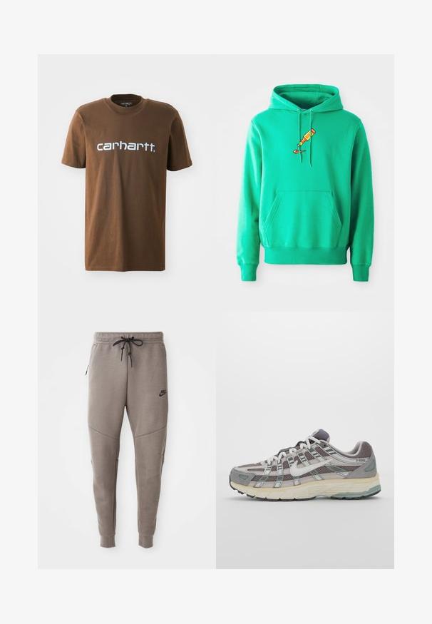 Green hoodie made of soft fabric, featuring a front kangaroo pocket and a logo of a paint tube dripping on the chest.; Brown cotton t-shirt with short sleeves, featuring white "carhartt" logo printed across the chest. Standard crew neck design.; Gray Nike sweatpants with a drawstring waistband, tapered legs, side pockets, and distinct seam detailing. Soft, textured fabric.; Gray athletic shoe featuring a mesh and suede upper, white accents, a cushioned sole, and a distinctive design with reflective elements.