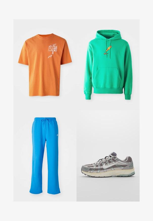 Zaļš džemperis izgatavots no mīksta auduma, ar priekšējo kangarū aizmuguri un logo uz krūtīm, kurā attēlots krāsas tūbiņa, kas pilina.; Oranžs kokvilnas T-krekls ar īsām piedurknēm, uz kura kreisajā krūtī ir balta grafika ar basketbola spēlētāju un grozu.; Zili sporta bikses, kas izgatavotas no mīksta auduma, ar brīvu piegriezumu, elastīgu jostu ar auklu un nelielu baltu logotipu kreisajā pusē.; Pelēkie sporta apavi ar tīkla un zamša augšdaļu, baltiem akcentiem, mīkstinātu zoli un izcilu dizainu ar atstarotājiem.